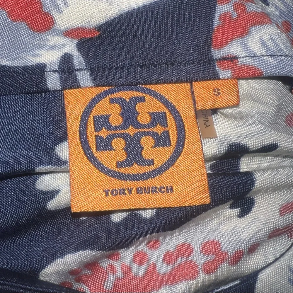 Tory Burch Silk Floral Navy Knee Length Sheath Dress Size Small 3/4 Sleeves
